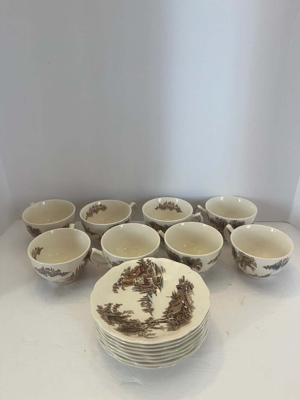 Johnson Brothers The Old Mill Set 8 Cups & Saucers England Vintage 16 Pc
